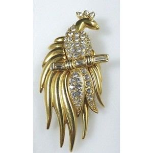 Vintage Monet Bird of Paradise Peacock Brooch Pin Rhinestones On Perch Gold Tone